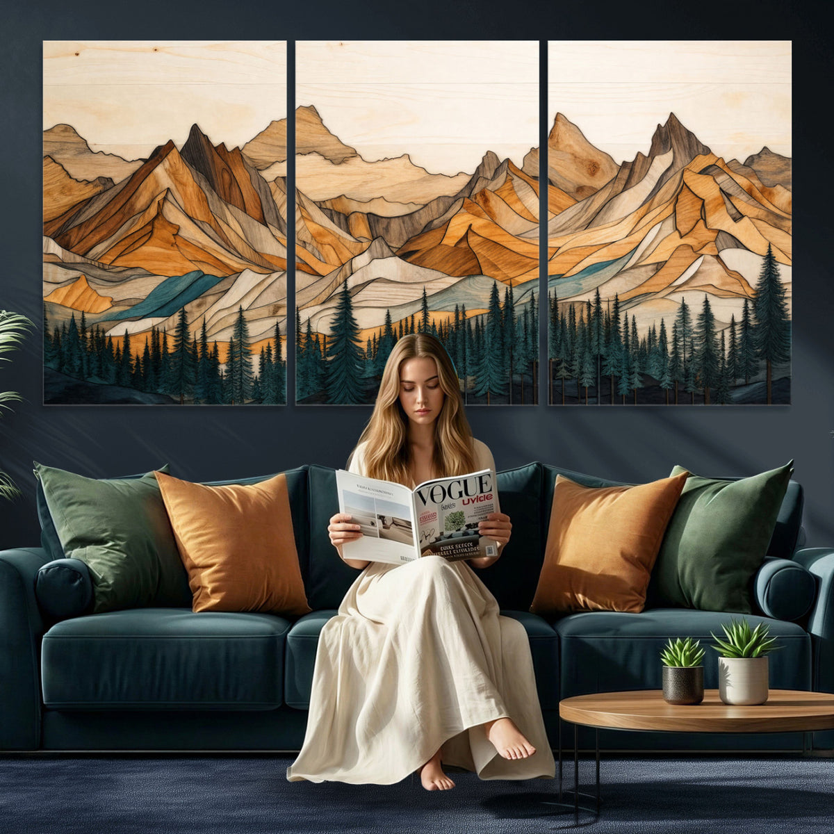 57384313-MGV-CV-60X30-3P - Mountain Landscape Canvas Wall Art with Wood Grain Effect, Golden Peaks and Teal Pine Forest, Framed Cabin Decor