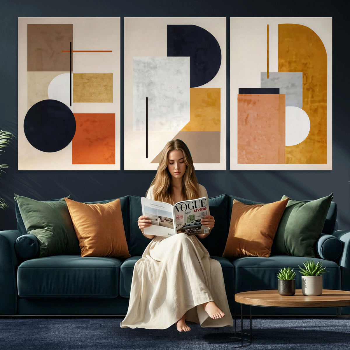 87361249-MGV-CV-48X32-3P - Mid Century Modern Geometric Canvas Wall Art, Abstract Triptych Print