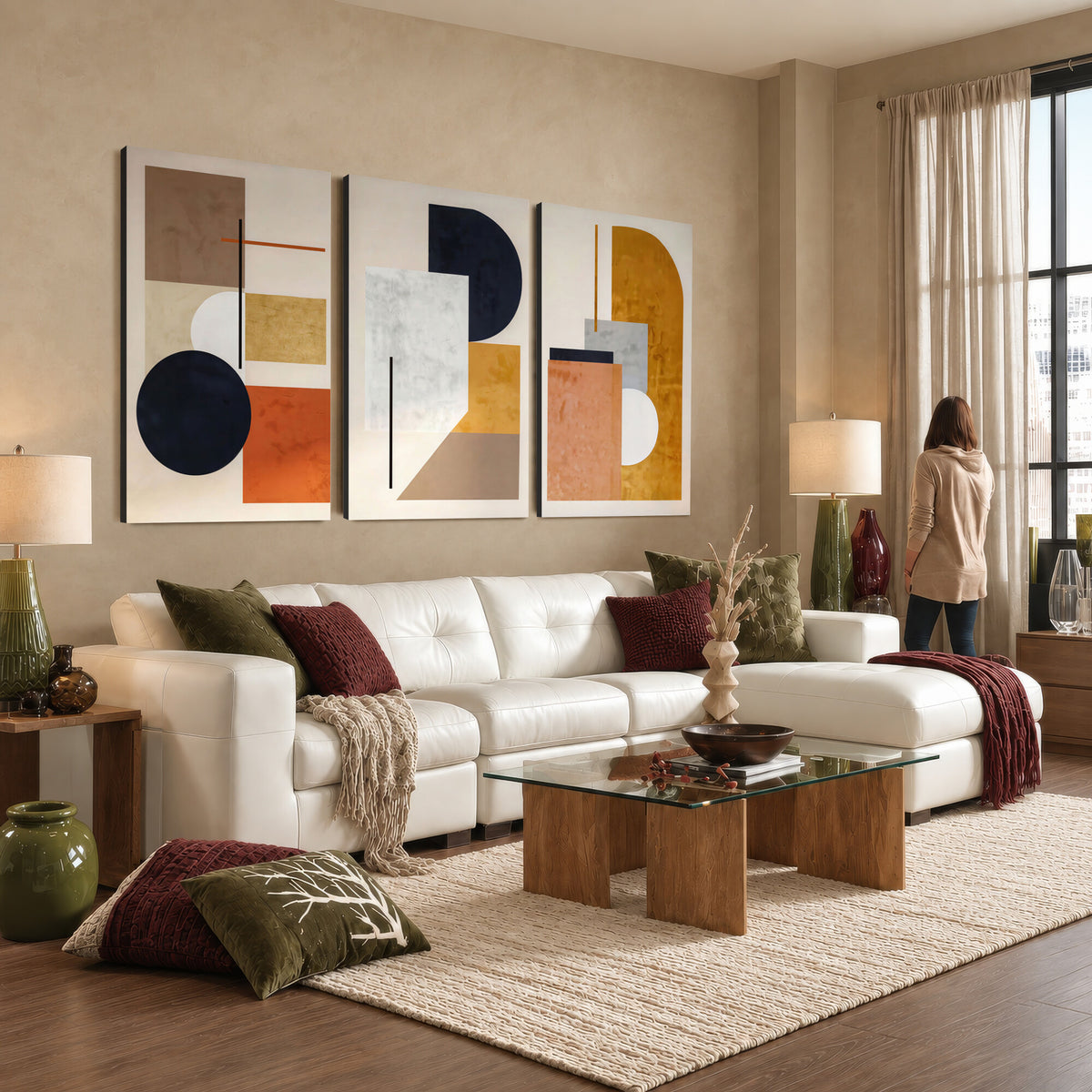 87361249-MGV-CV-48X32-3P - Mid Century Modern Geometric Canvas Wall Art, Abstract Triptych Print