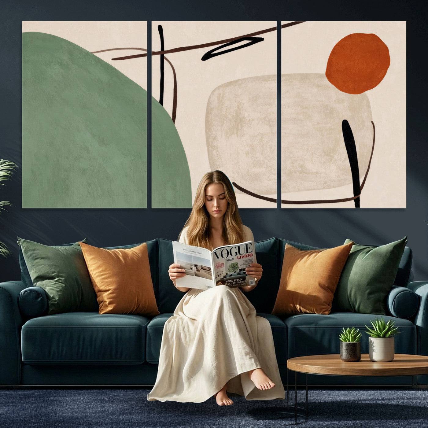 46798824-MGV-CV-48X32-3P - Mid Century Modern Geometric Canvas Wall Art, Abstract Triptych Print