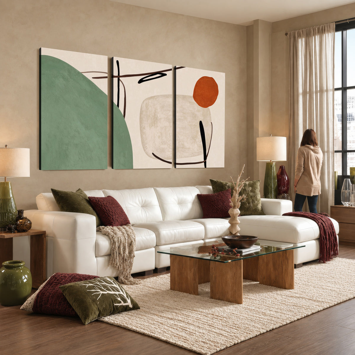 46798824-MGV-CV-48X32-3P - Mid Century Modern Geometric Canvas Wall Art, Abstract Triptych Print