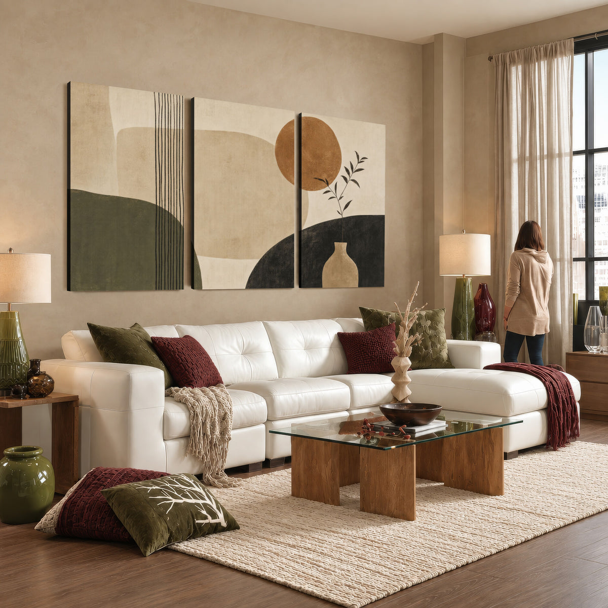 85289499-MGV-CV-60X30-3P - Boho Abstract Sun Canvas Wall Art, Minimalist Sage Green Botanical Print