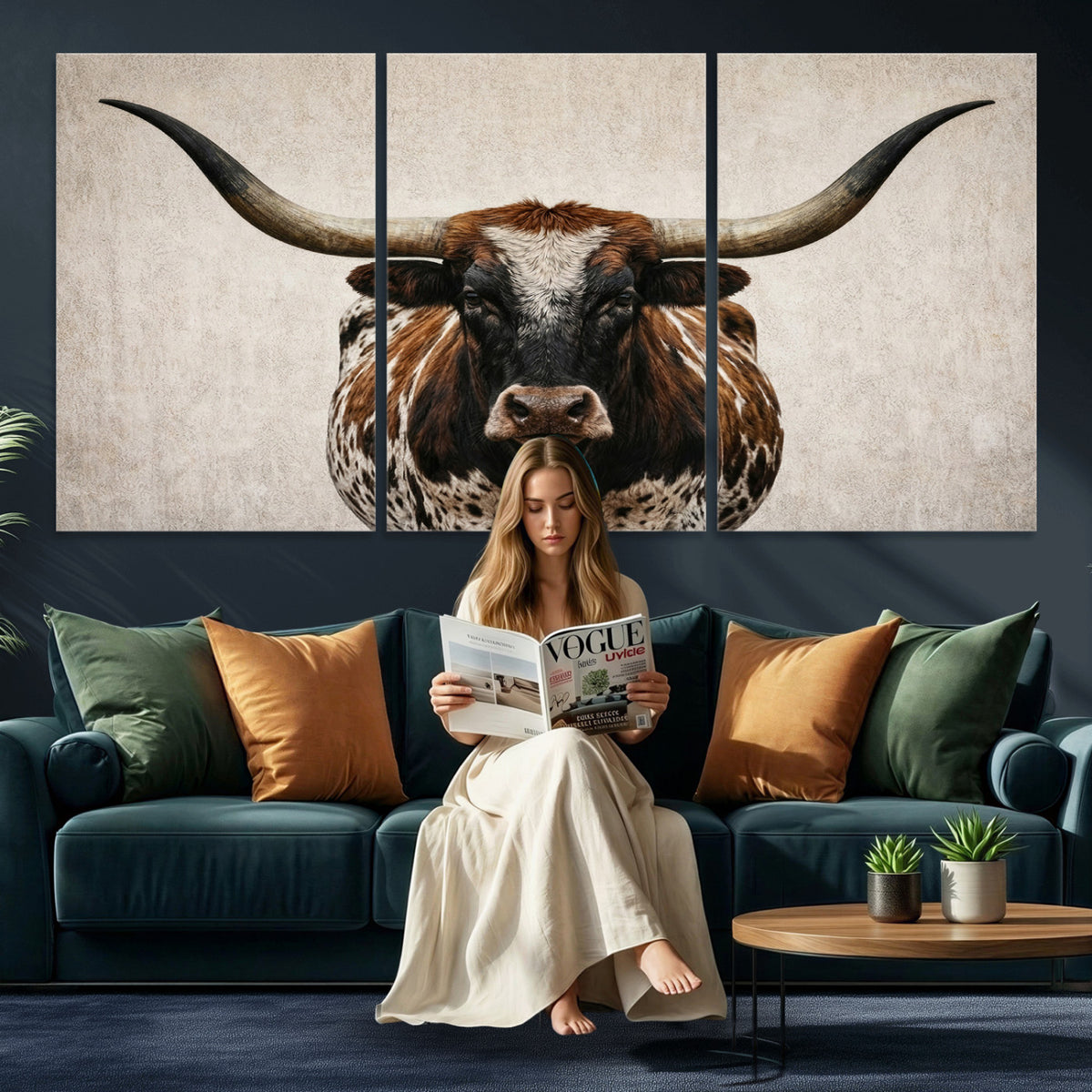 58622065-MGV-CV-36X24 - Texas Longhorn Canvas Wall Art Western Bull Desert Moody Grey Overcast Rustic Farmhouse Framed Large for Living Room Bedroom Office Decor