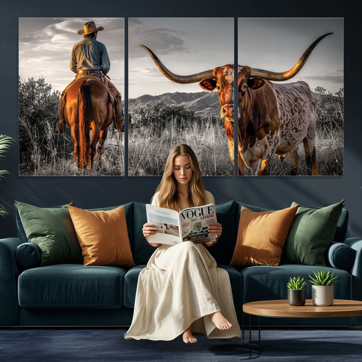 17066920-MGV-CV-60X30-3P - Extra Large Cowboy and Longhorn Wall Art Canvas Print