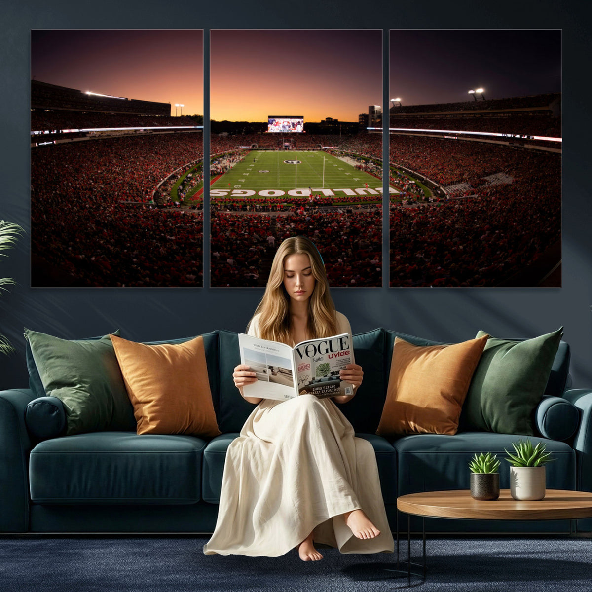97720998-_Poster-30x20 - Georgia Bulldogs Stadium Sunset Canvas Print 3 Piece Framed Wall Art Extra Large Floating Frame Sports Poster Made in USA