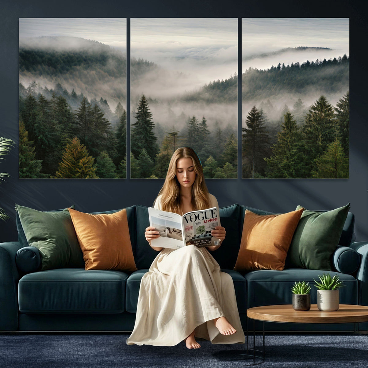 38409495-_Poster-30x20 - Misty Pine Valley Mountain Canvas Print 3 Piece Framed Wall Art Extra Large Floating Frame Nature Poster Made in USA