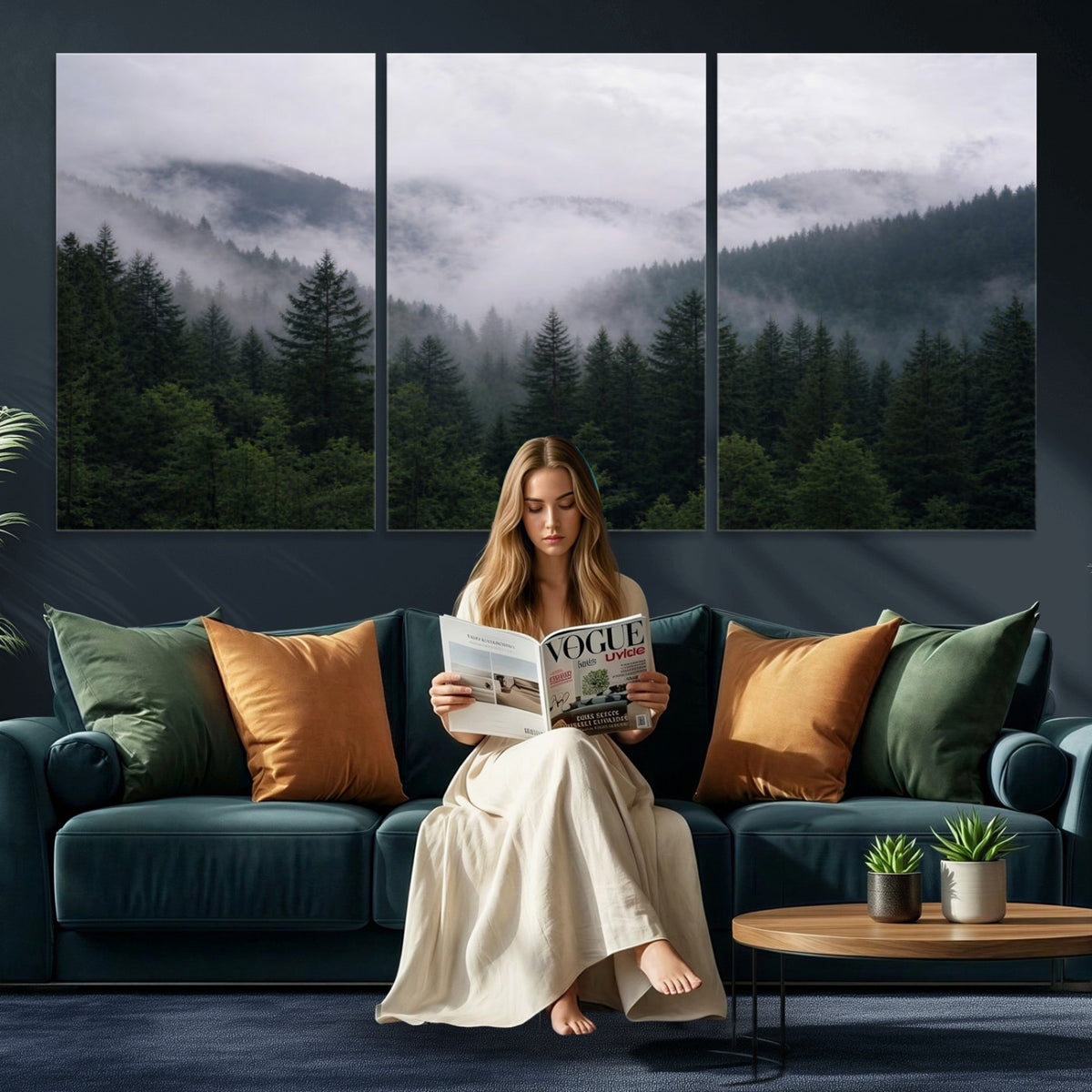 25432119-_Poster-30x20 - Misty Mountain Pine Forest Canvas Print 3 Piece Framed Wall Art Extra Large Floating Frame Nature Poster Made in USA