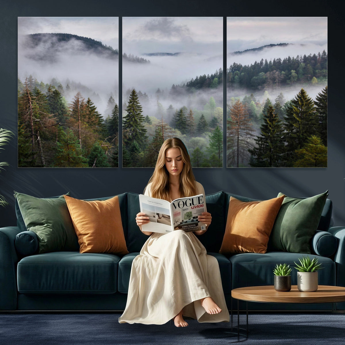 18735847-_Poster-30x20 - Foggy Pine Forest Mountain Canvas Print 3 Piece Framed Wall Art Extra Large Floating Frame Nature Poster Made in USA