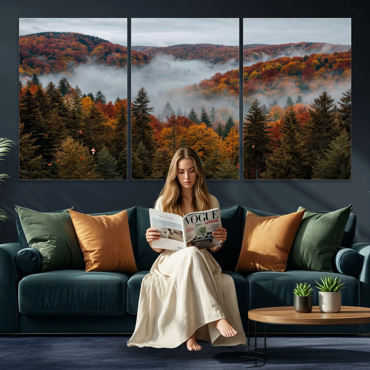 26686263-_Poster-30x20 - Misty Autumn Forest Mountain Canvas Print 3 Panel Wall Art Gallery Wrapped Floating Frame Poster Made in USA