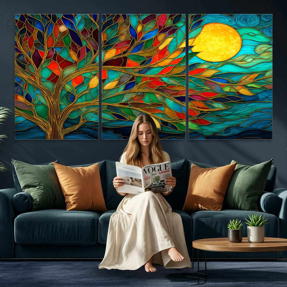 11877152-MGV-CV-36X24 - Stained Glass Tree Of Life Wall Art - Vibrant Mosaic Nature Home Decor