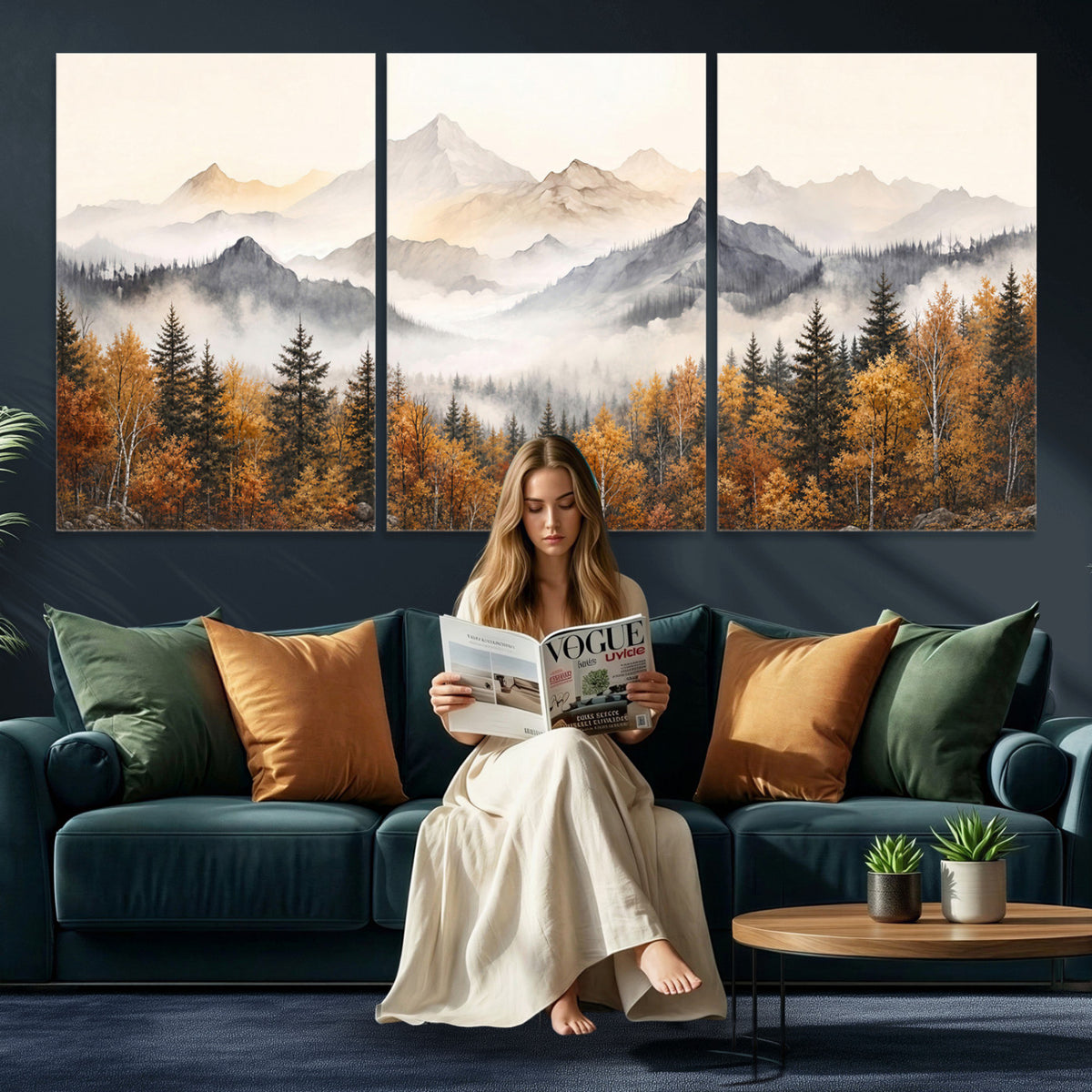 19544118-MGV-TP-30X20 - Misty Mountain Autumn Forest Canvas Wall Art - Watercolor Fall Nature Landscape Print
