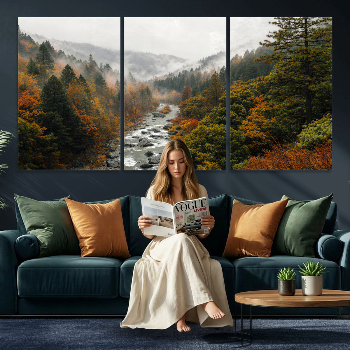 95540697-MGV-TP-30X20 - Misty River Mountain Valley Canvas Wall Art - Autumn Forest Landscape Nature Print