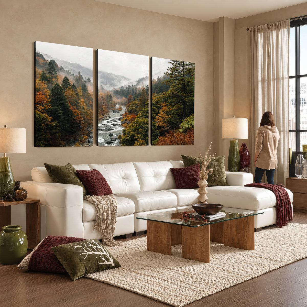 95540697-MGV-TP-30X20 - Misty River Mountain Valley Canvas Wall Art - Autumn Forest Landscape Nature Print