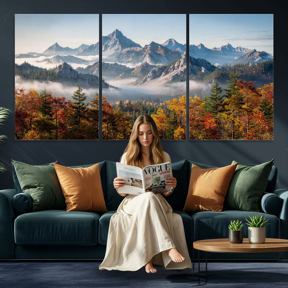 38847944-MGV-TP-30X20 - Majestic Mountain Peak Canvas Wall Art - Panoramic Autumn Forest Fog Landscape Print