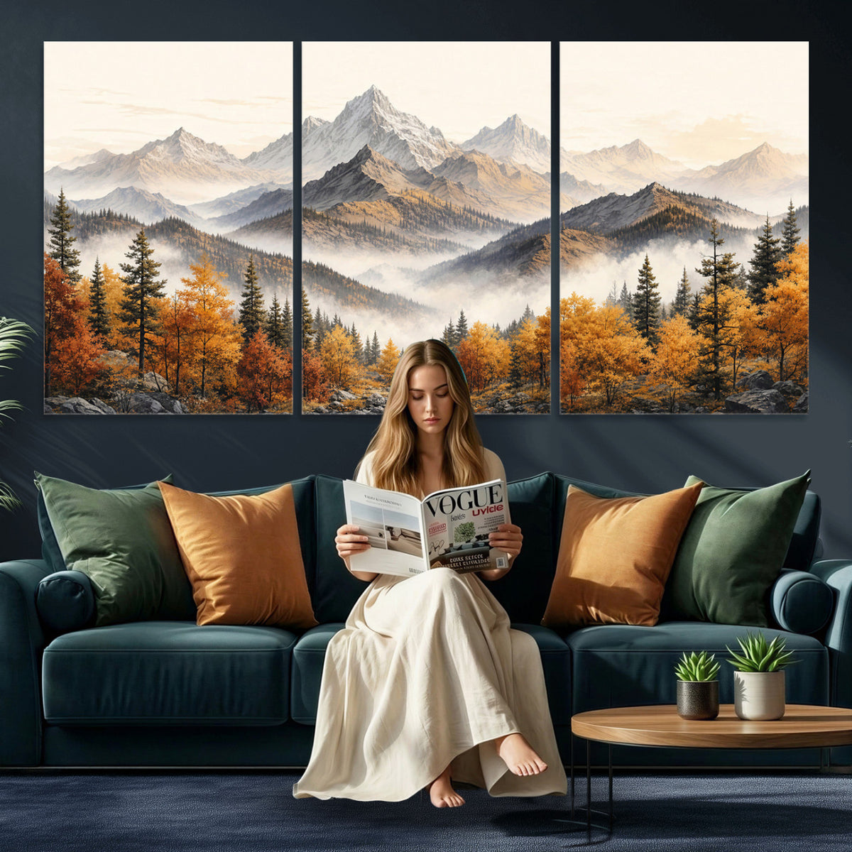 21309099-MGV-TP-30X20 - Extra Large Misty Mountain Autumn Forest Canvas Wall Art - Watercolor Fall Nature Landscape Print