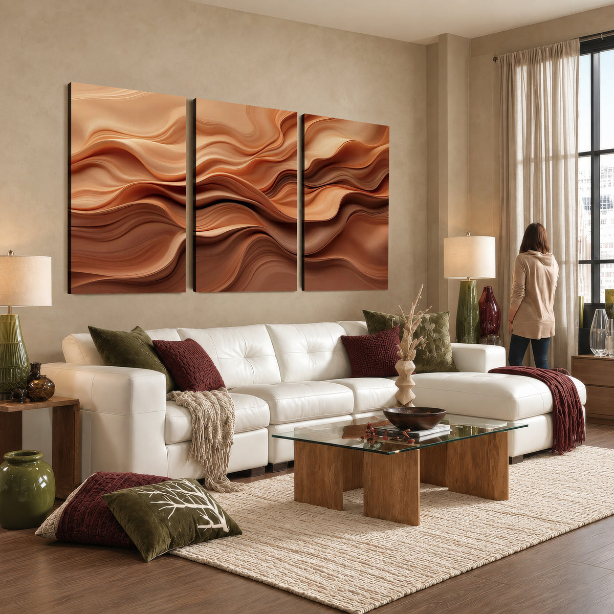 82230697-MGV-CV-36X24 - Modern Abstract Fluid Waves Canvas Wall Art - Minimalist Warm Terracotta Beige Sand Print