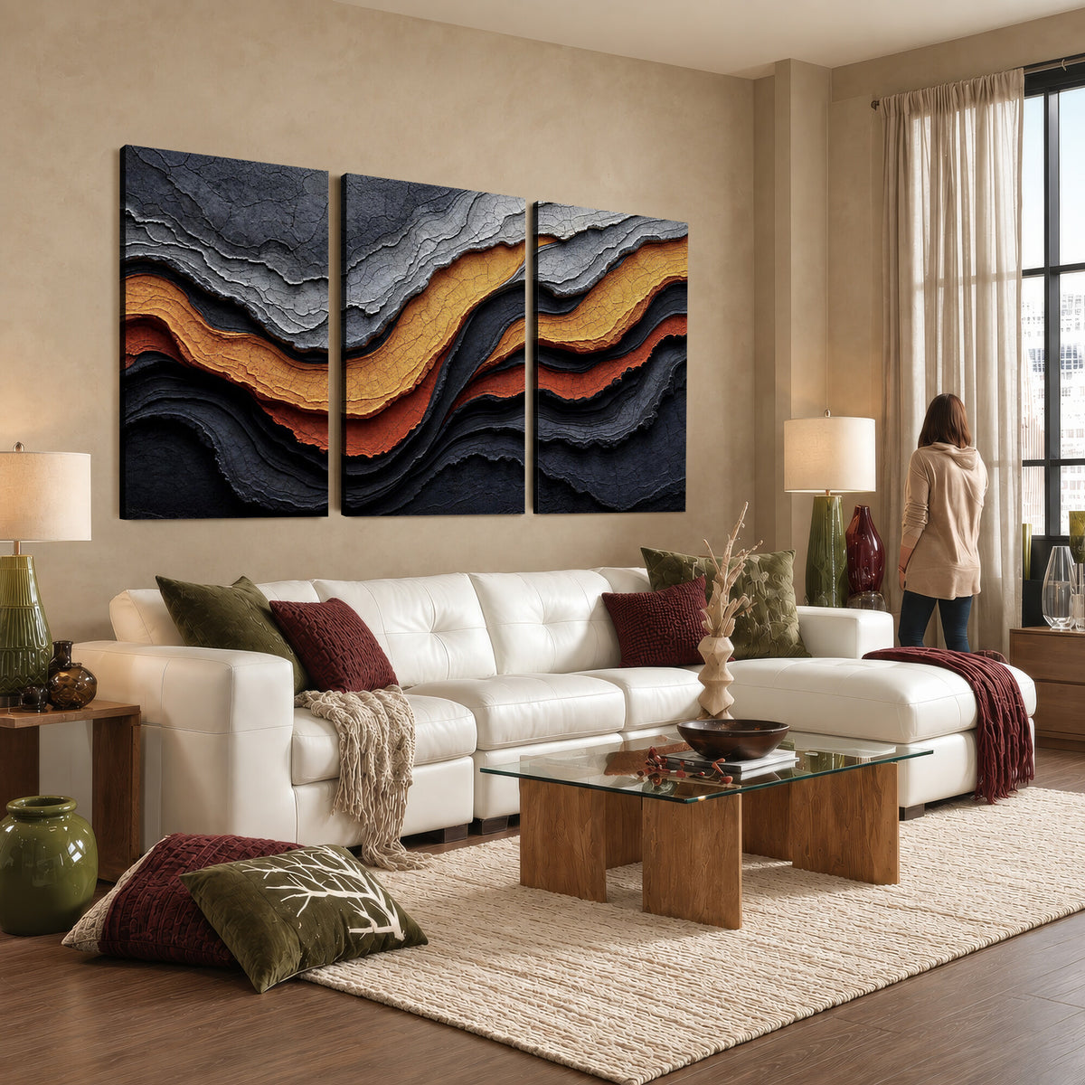 59852489-MGV-CV-36X24 - Abstract Waves Canvas Wall Art - Modern Terracotta and Charcoal Gray Print