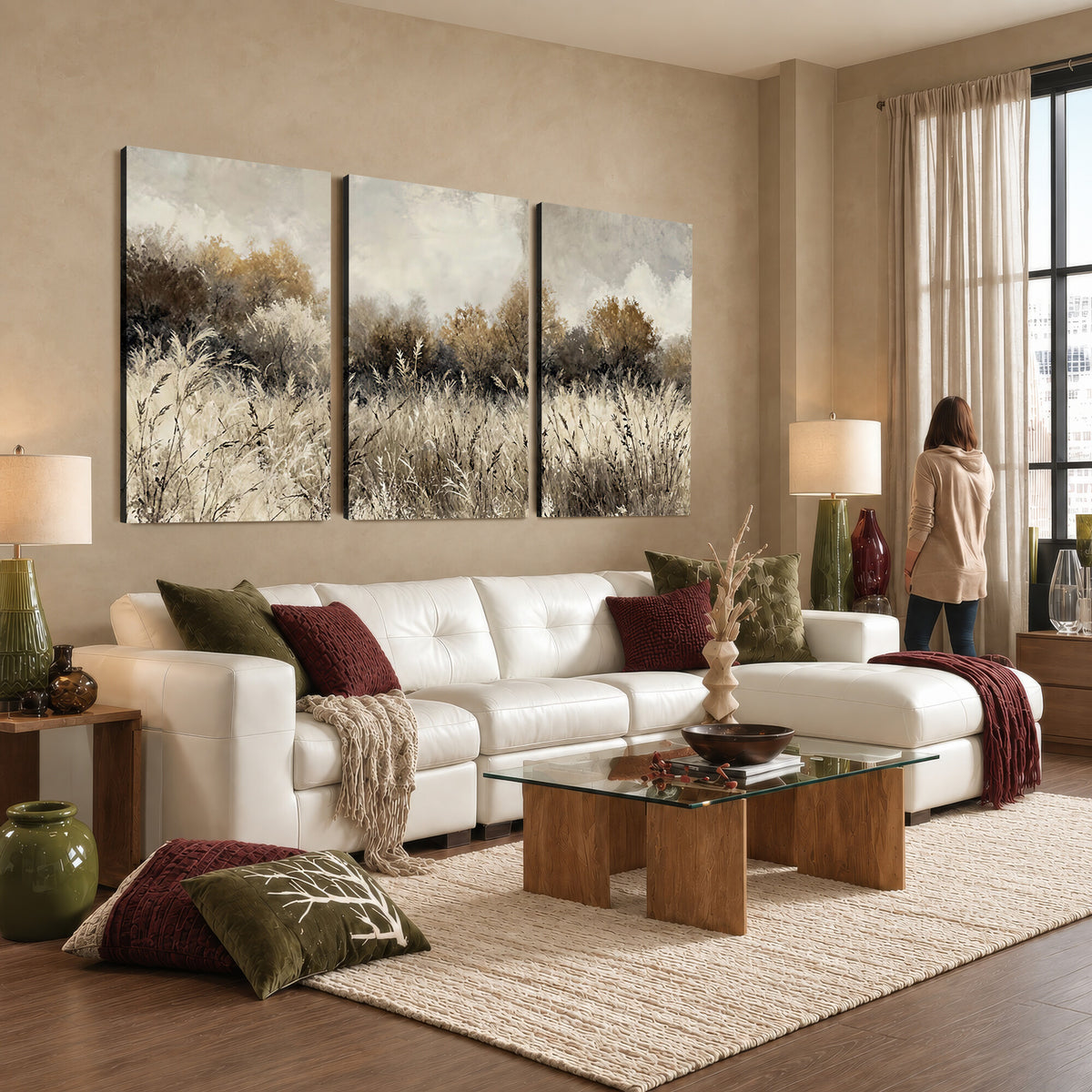 53959945-MGV-TP-30X20 - Muted Neutral Forest Landscape Canvas Wall Art - Vintage Rustic Wildflower Meadow Print