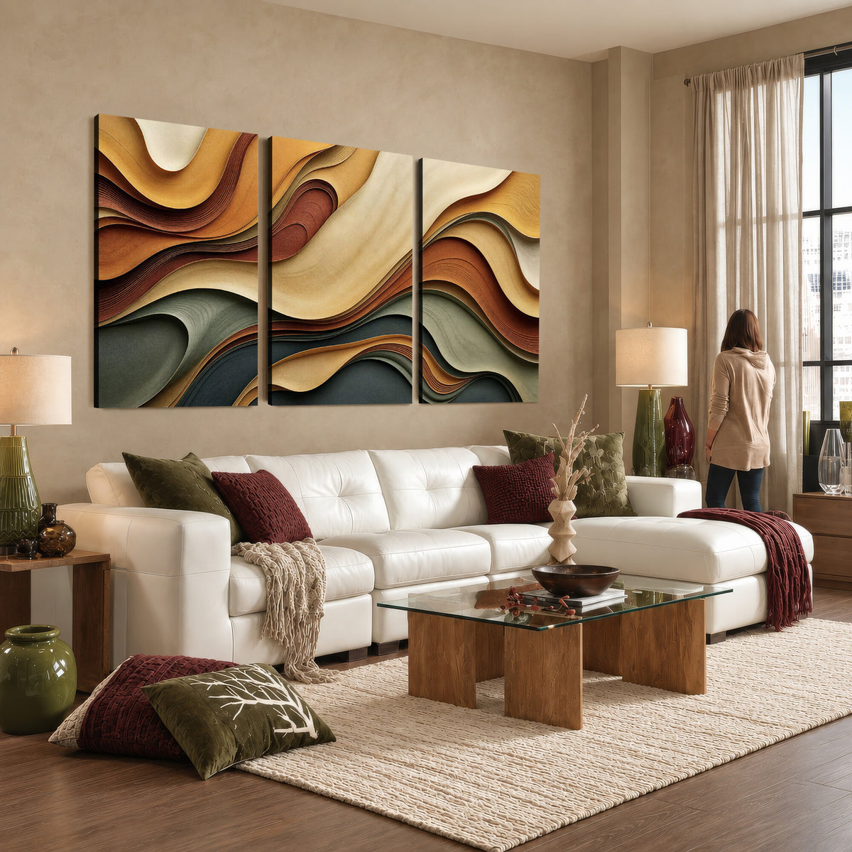 19337902-MGV-CV-36X24 - Modern Abstract Waves Canvas Wall Art - Minimalist Earthy Tone Living Room Decor