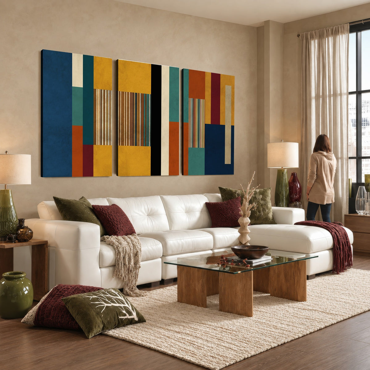 53992657-MGV-CV-48X32-3P - Mid Century Abstract Color Block Canvas Wall Art, Geometric Striped Canvas Print