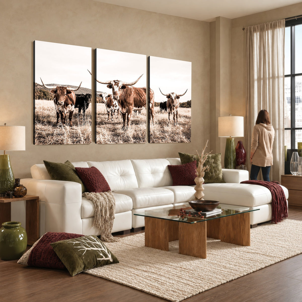 25234808-MGV-CV-48X32-3P - Texas Longhorn Cattle Canvas Wall Art, Western Ranch Home Decor