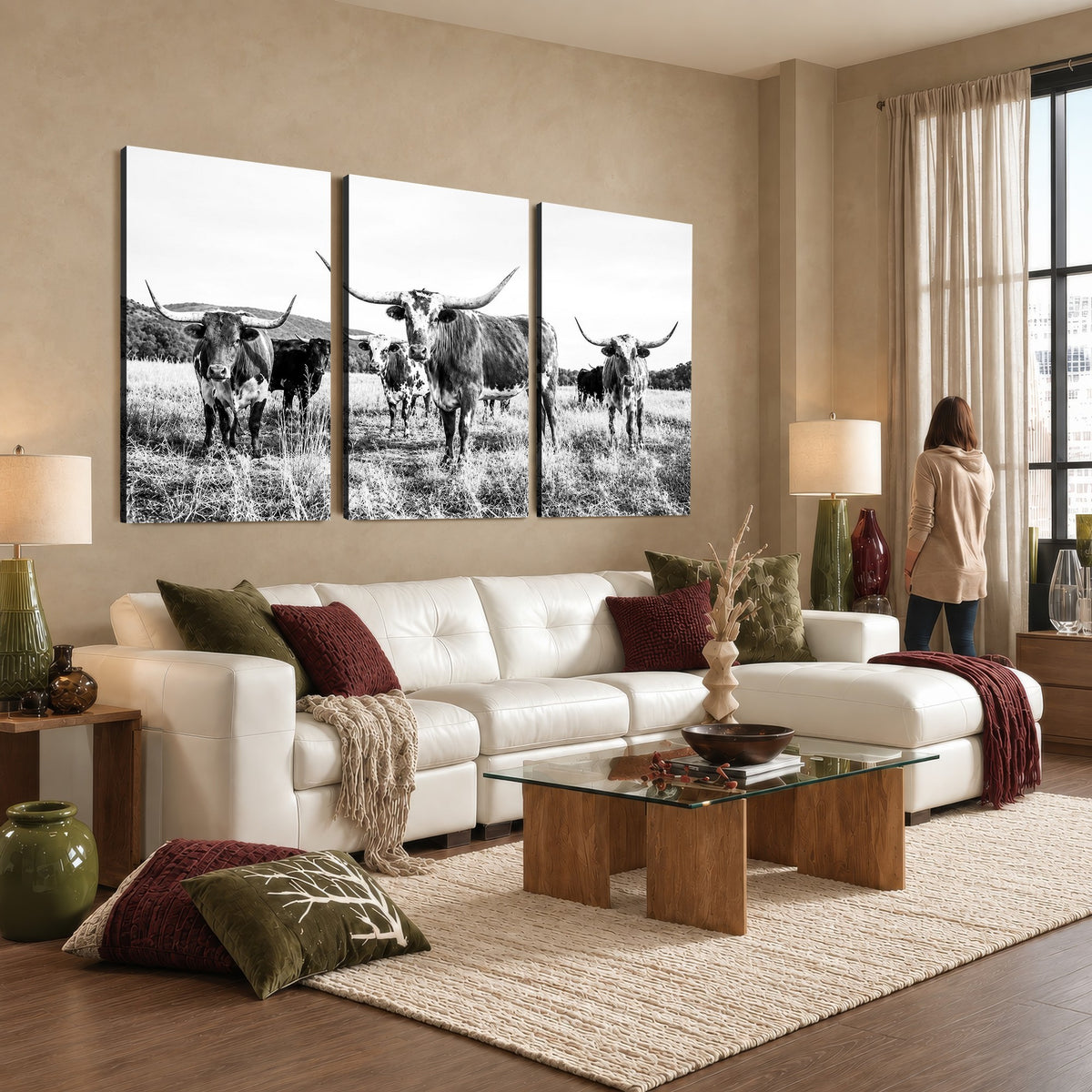 73228277-MGV-CV-48X32-3P - Black and White Longhorn Cattle Canvas Print, Western Ranch Wall Decor