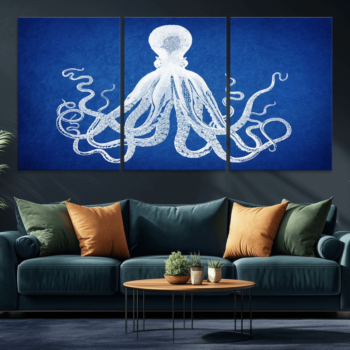 MGV-CV-60X30-3P - Large 3-Panel Blue Octopus Canvas Wall Art | Coastal Marine Life Artwork for Living Room, Bedroom,