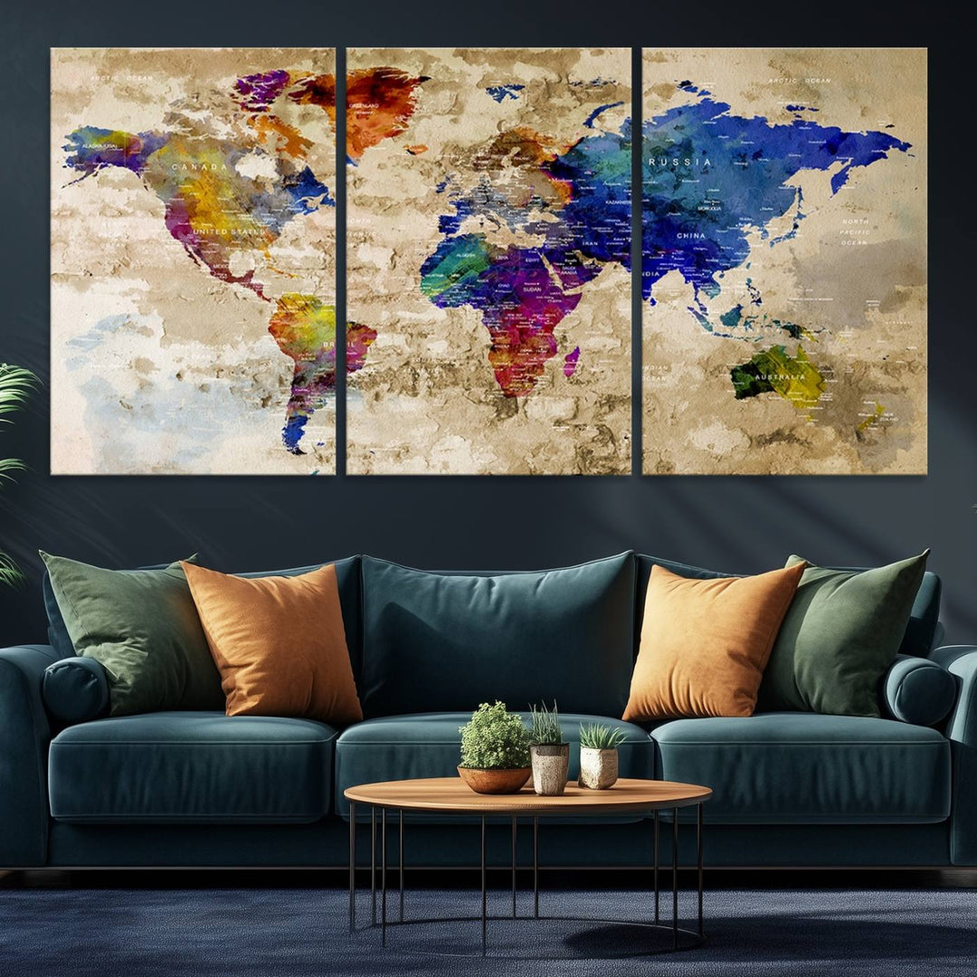 Watercolor World Map Canvas Print World Map Wall Art Great Design Great Gift Idea