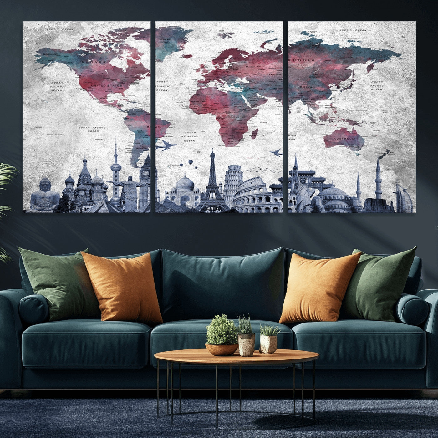 MGV-CV-60X30-3P - Push Pin World Map Canvas Print – Framed Wall Art for Couples to Track Their Travels – Anniversary