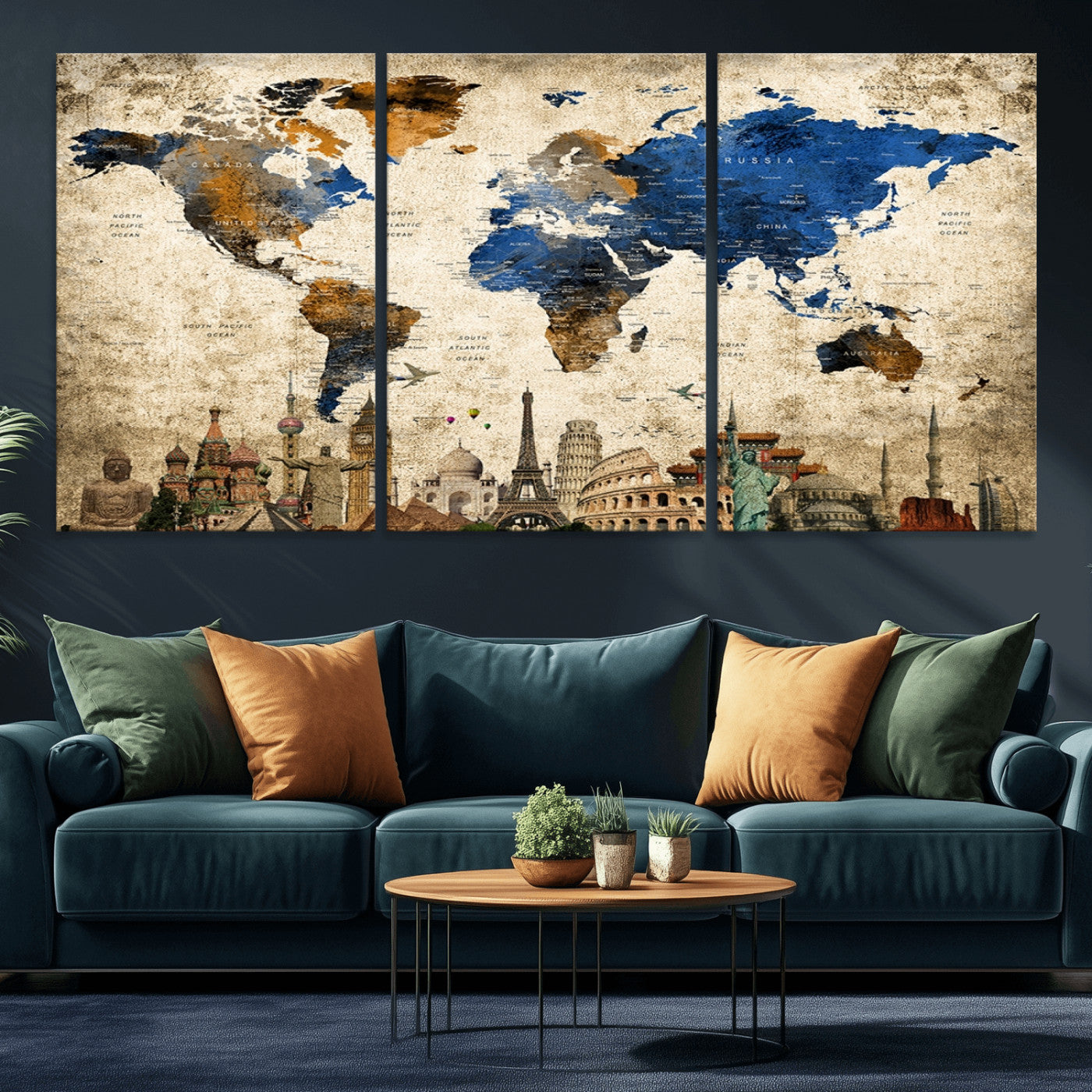 MGV-CV-60X30-3P - Push Pin World Map Canvas Print – Framed Wall Art for Couples to Track Their Travels – Anniversary