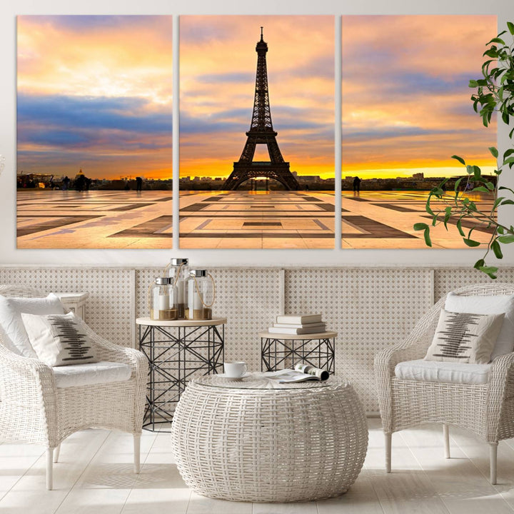 The "Paris Eiffel Tower Wall Art Canvas Prints" graces a wooden wall reminiscent of abstract expressionism.