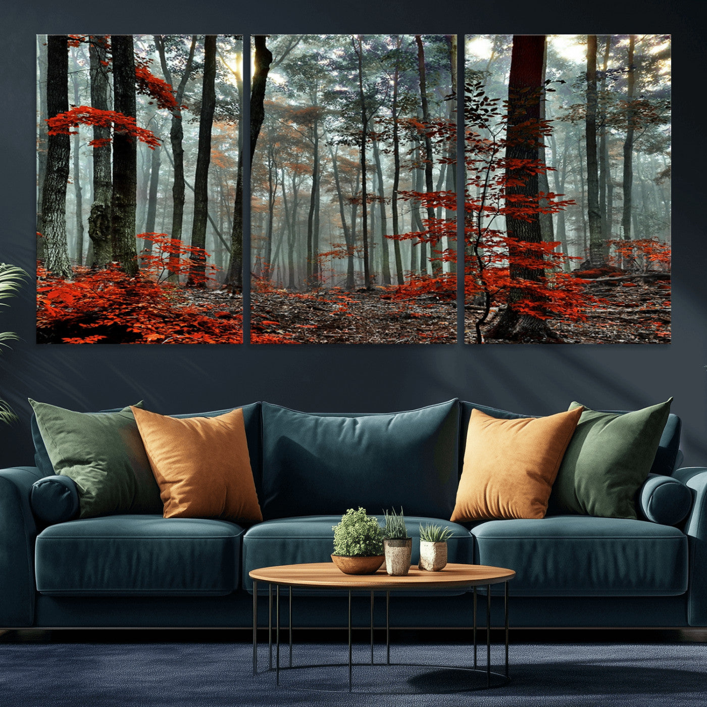 59209-MGV-CV-36X24-Autumn Forest Canvas Wall Art – Enchanting Red Leaves Triptych Print – Nature-Inspired Decor for Living Room or Office – Ready to Hang
