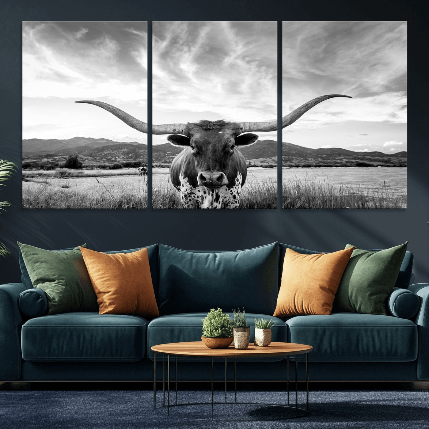 MGV-CV-60X30-3P - Longhorn Cow Wall Art Canvas Print Farmhouse Wall Art - Texas Longhorn Wall Art Print