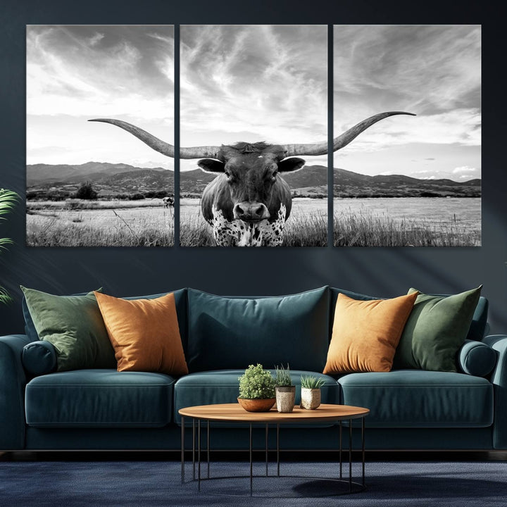 Longhorn Cow Wall Art Canvas Print Farmhouse Wall Art - Texas Longhorn Wall Art Print