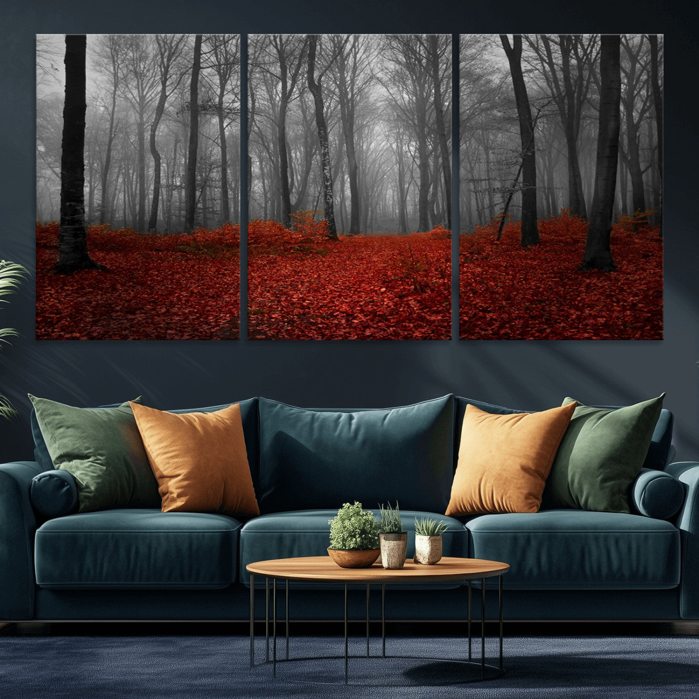 -Red Forest Floor Canvas Wall Art – Mystical Foggy Woodland Triptych – Nature-Inspired Decor for