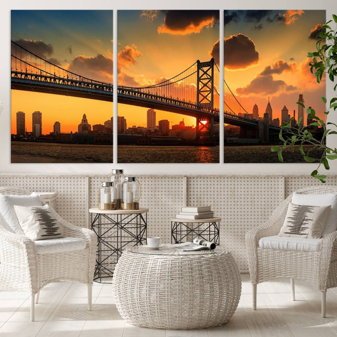 The Philadelphia Ben Franklin Bridge Wall Art Canvas Print radiates charm, embodying the beauty of premium canvas. This handmade-in-the-USA artwork captures attention with its distinct presence.