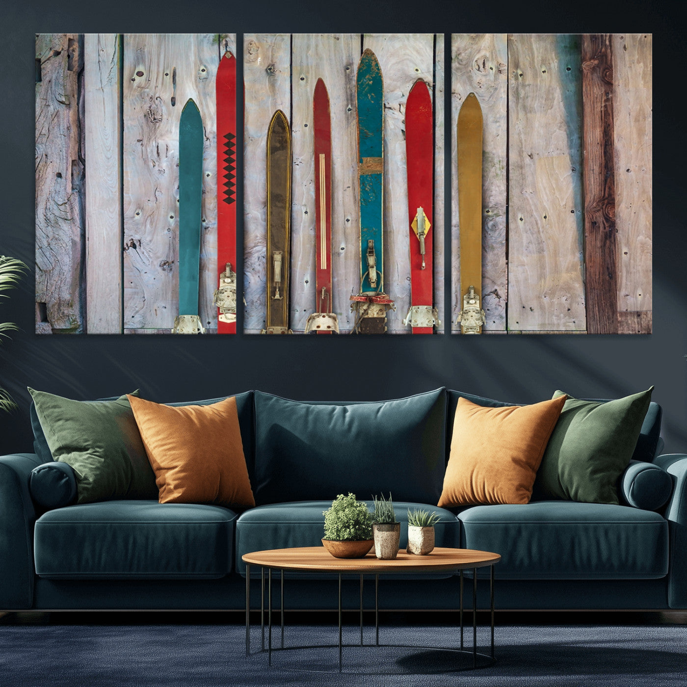 MGV-CV-60X30-3P - Vintage Wooden Weathered Ski's in Front of an Old Barn Wall Art Canvas Print for Farmhouse, Cabin