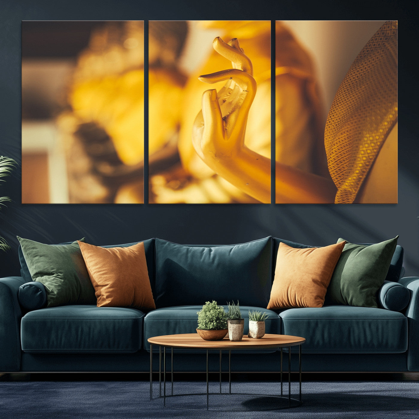 30728-MGV-CV-60X30-3P-Gold Buddha Statue Hands Wall Art Canvas Print