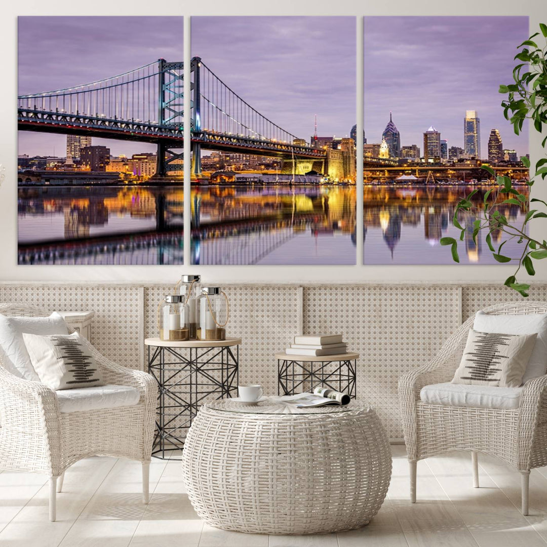 A woman holds the Philadelphia Ben Franklin Bridge Wall Art Canvas Print, a gallery-quality photo showcasing a city skyline with the bridge reflecting on the river. This stunning piece would make an excellent addition as premium canvas wall art for any home.