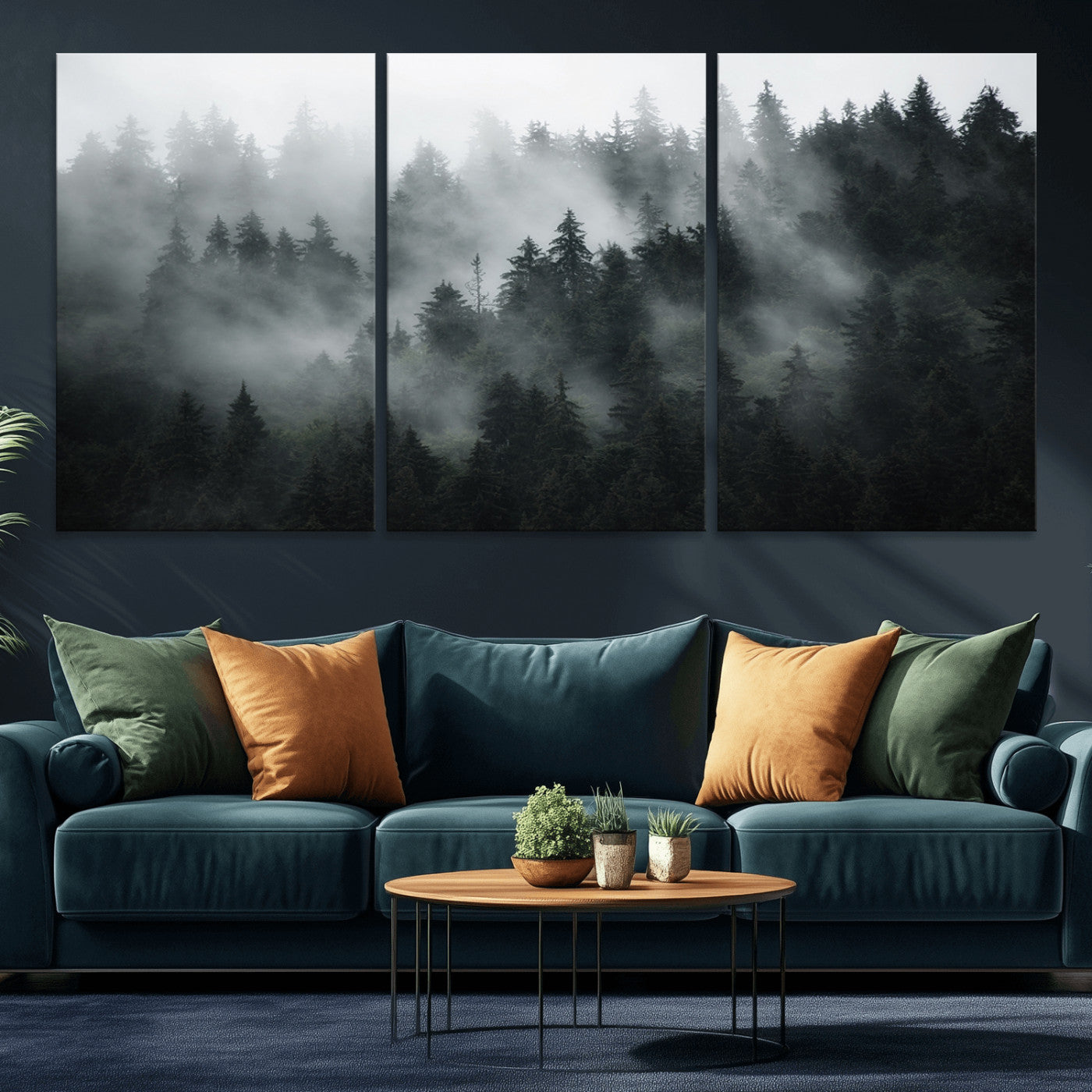 52359-MGV-CV-36X24-Foggy Forest Wall Art Canvas Print | 3 Panel Large Misty Landscape for Dining Room, Office, or Living Room | Ready to Hang Nature Deco