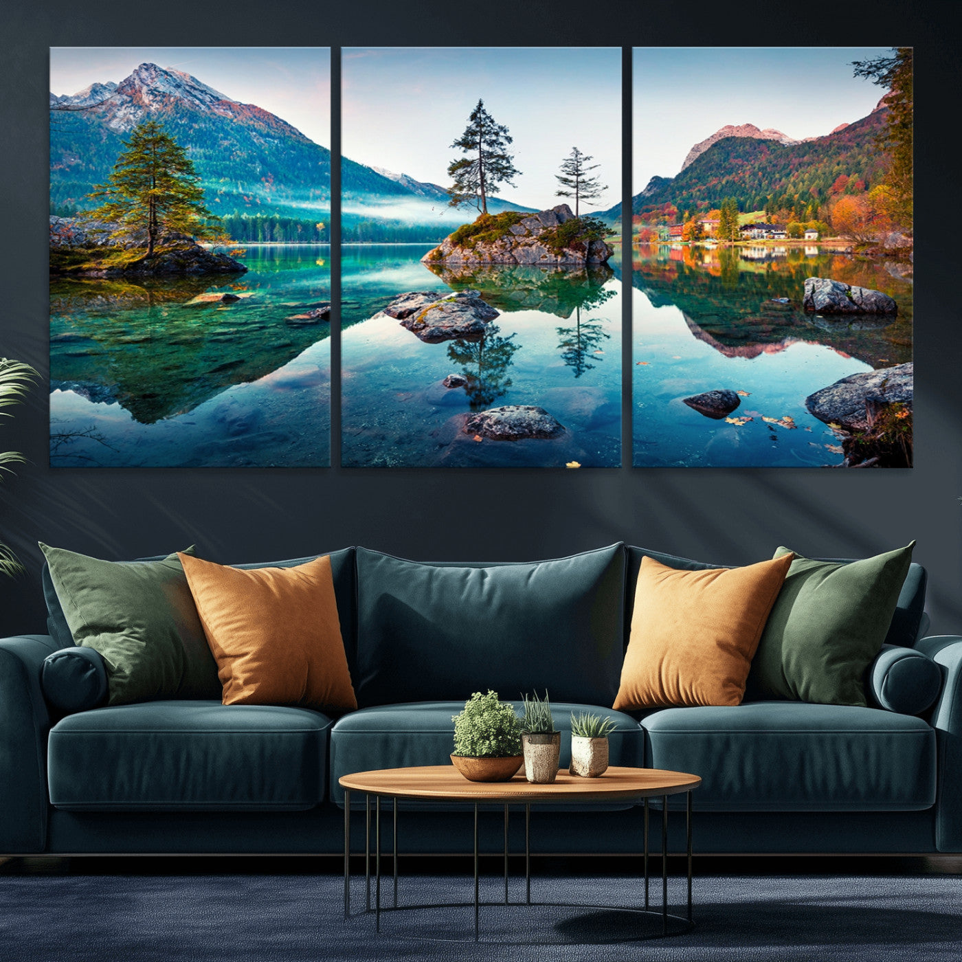 -Crystal Clear Lake Wall Art | Mountains Wall Art Canvas | 3 Panel Large Landscape Print for Dining