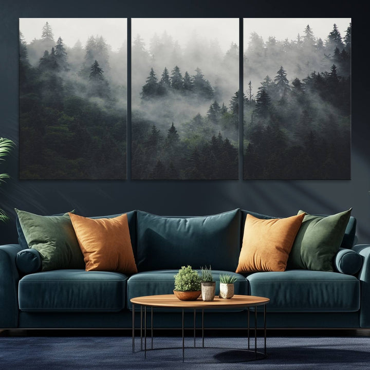 The Serene Triptych Print features tall evergreens, creating a mysterious and calming atmosphere.