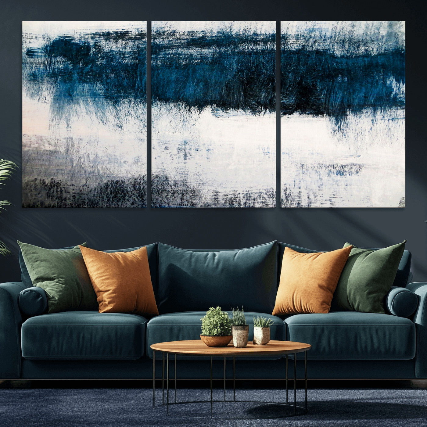 MGV-CV-60X30-3P - Abstract Blue and White Canvas Art | Large Wall Art for Modern Living Room Decor | Minimalist