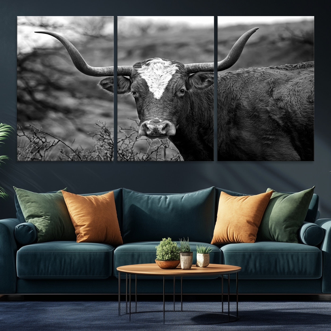 76200-MGV-CV-36X24-Western Home Wall Art Canvas Print, Framed Texas Longhorn Art Picture Print, Rustic Cow Perfect Rustic Farmhouse Decor Artwork