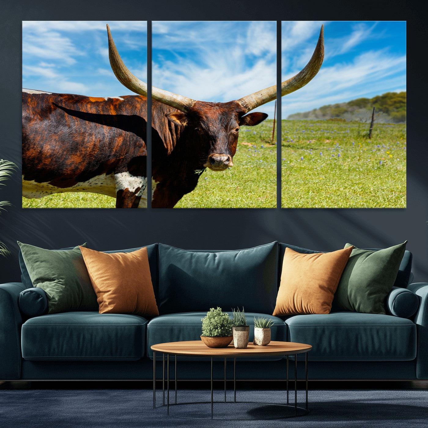 47037-MGV-CV-36X24-Longhorn and Cow Wall Art, Country Cow Wall Decor Canvas Print