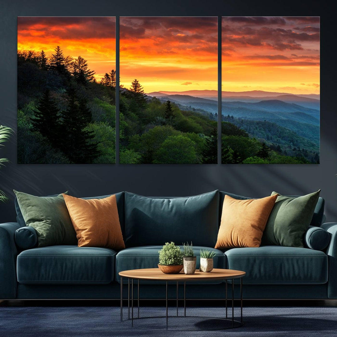 The Great Smoky Mountains Sunset Wall Art, a 3-panel print, beautifully captures natures beauty and is perfect for living room or office decor.