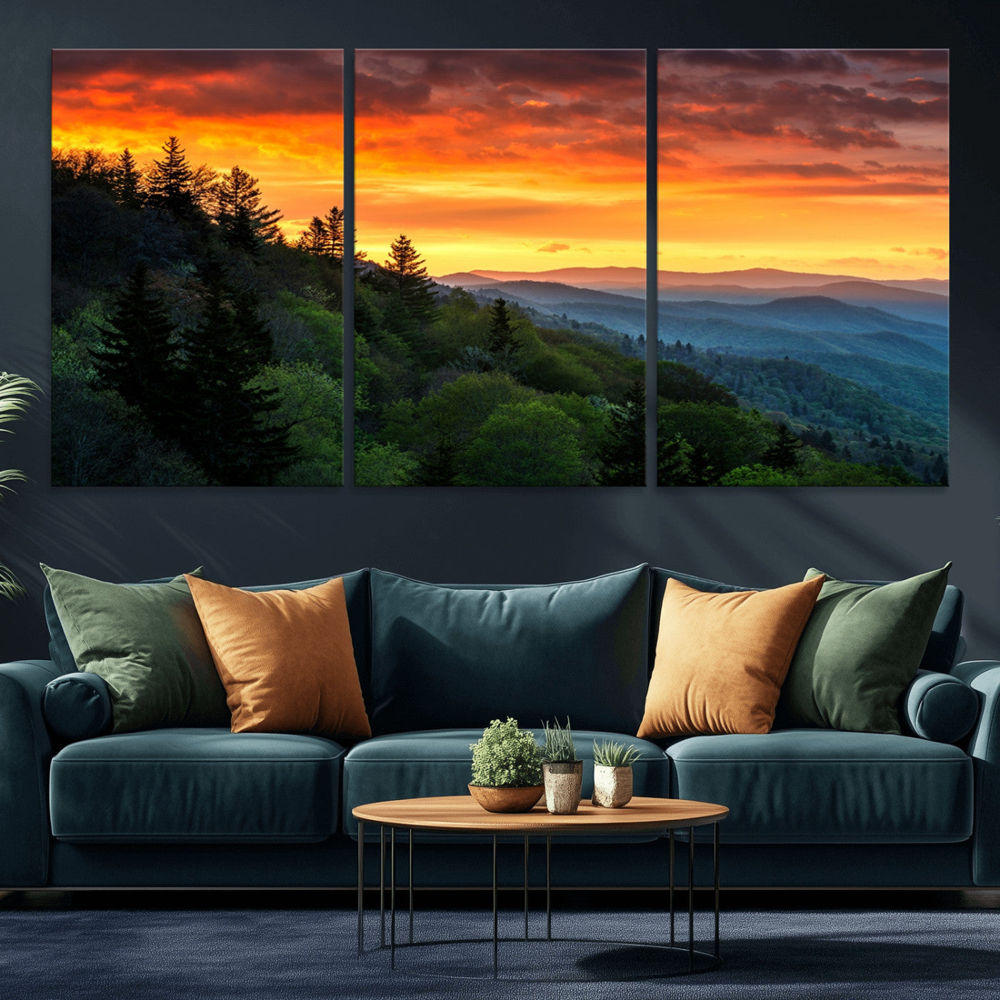 MGV-CV-60X30-3P - Great Smoky Mountains Sunset Wall Art Canvas Print | 3 Panel Large Nature Landscape Photography for