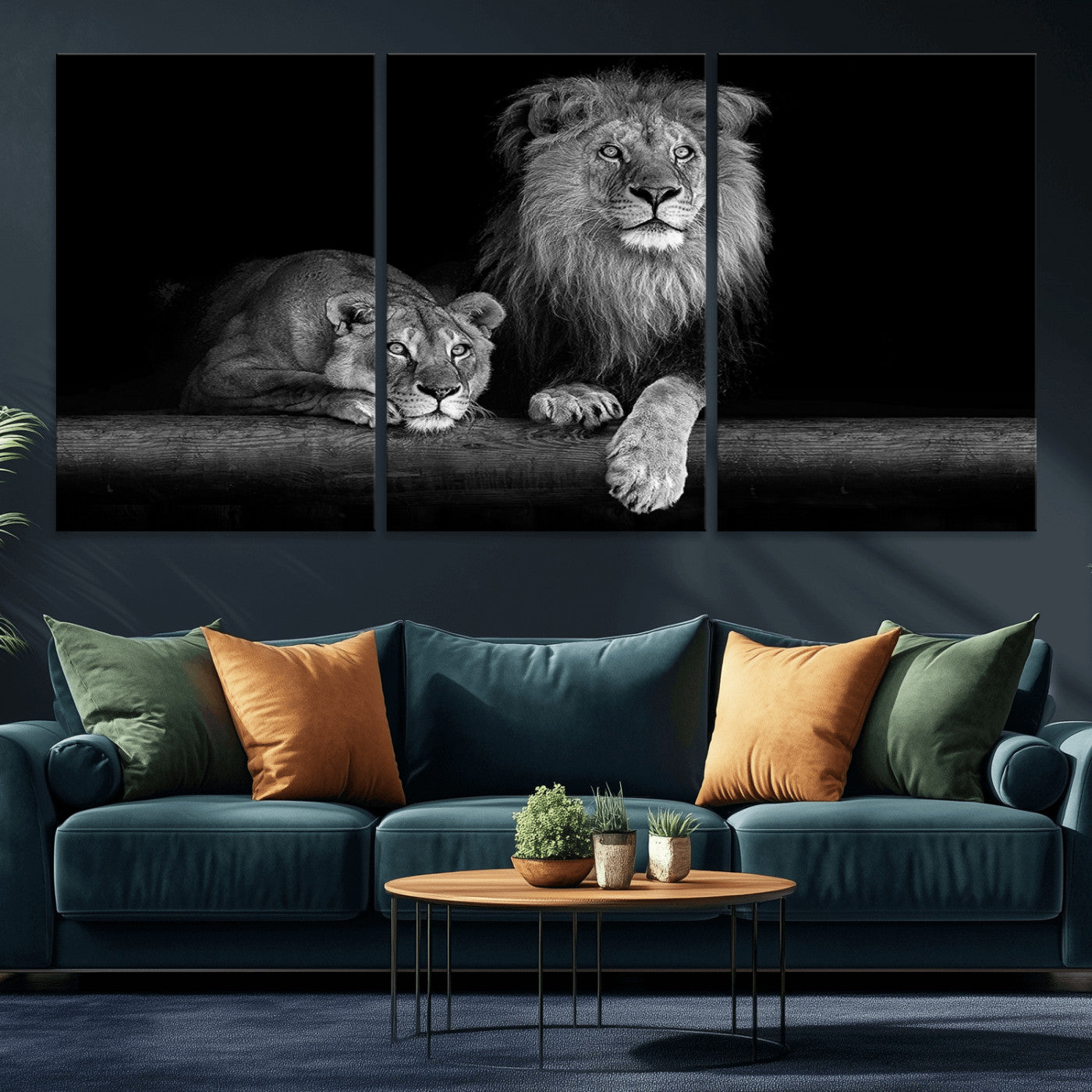 MGV-CV-60X30-3P - Large Black and White Lion Couple Wall Art Canvas Print