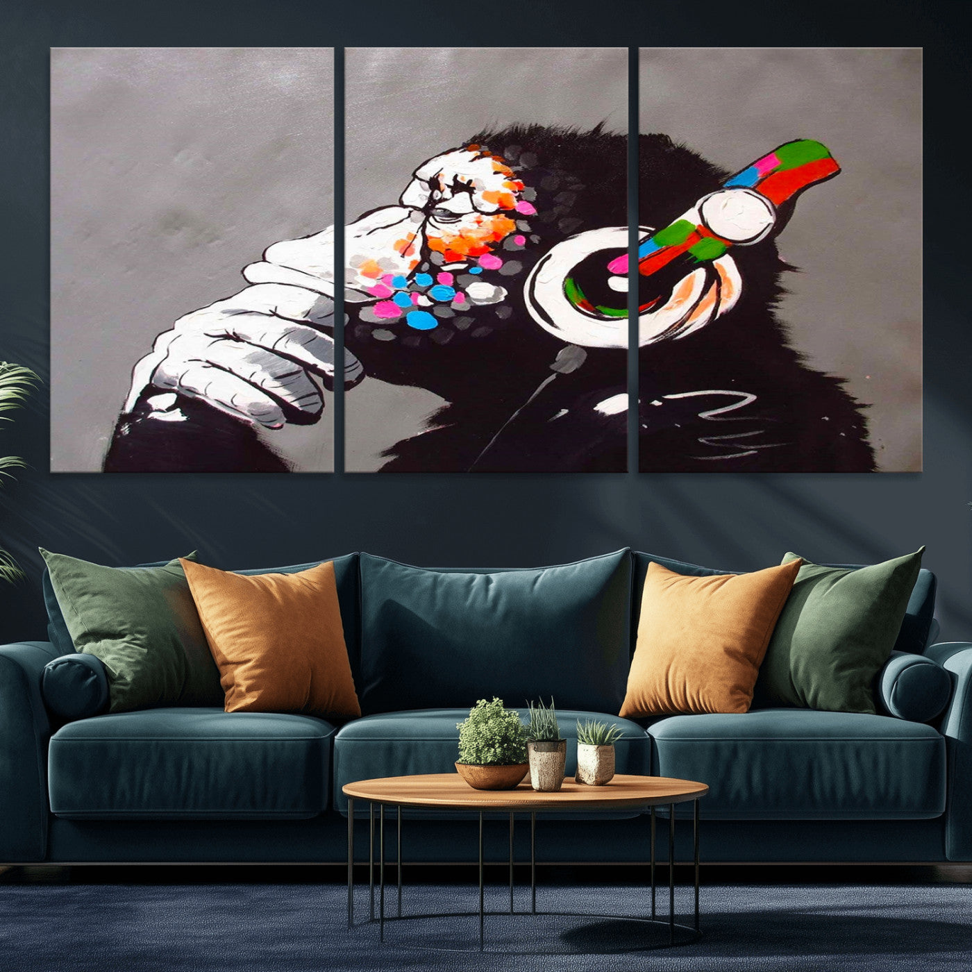MGV-CV-60X30-3P - Dj Monkey Listening to Music Wall Art Print | Banksy Monkey Large Canvas Print for Living Room,