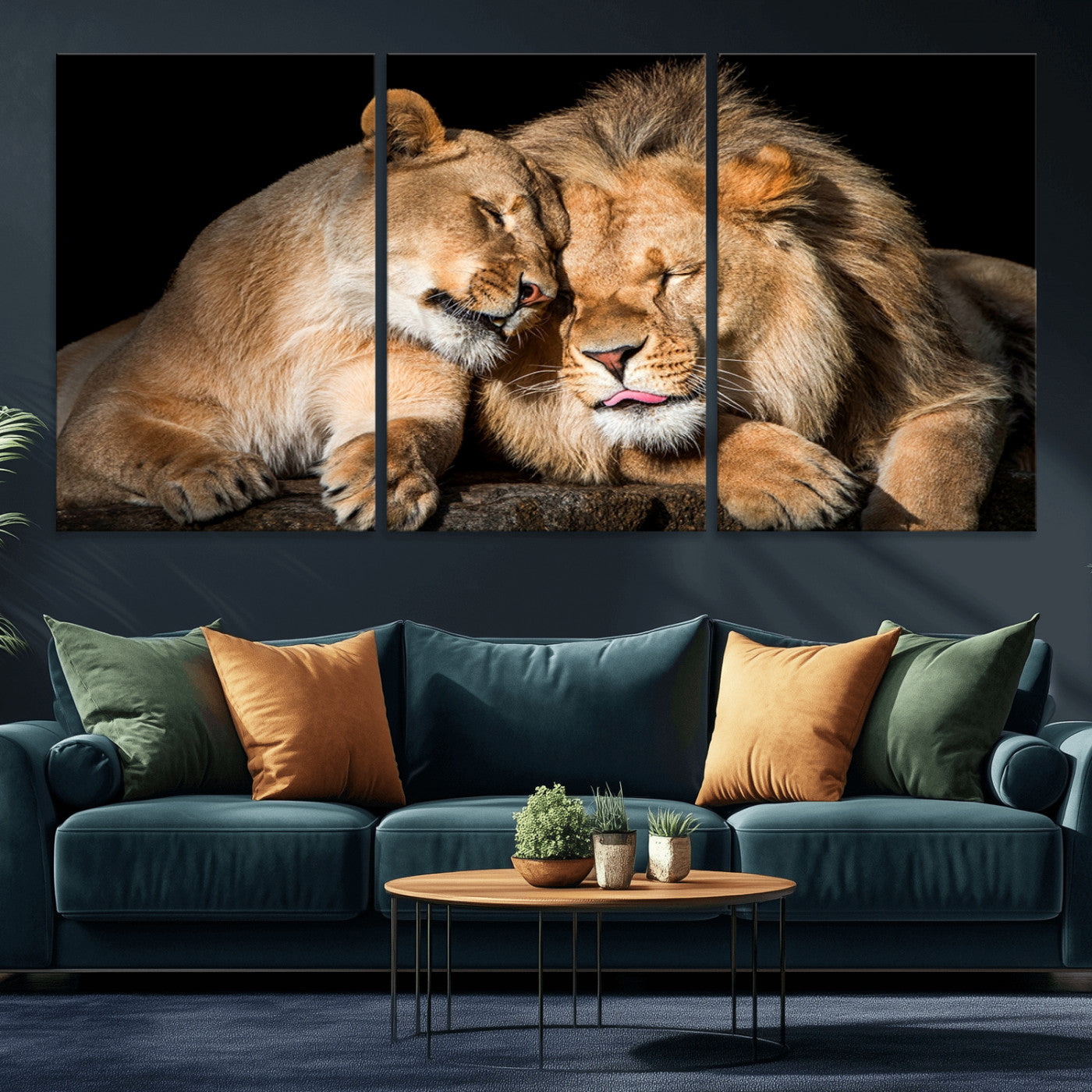 MGV-CV-60X30-3P - Lion and Lioness Wall Art Print Canvas | 3-Panel African Wildlife Canvas Print | Animal-Themed Art